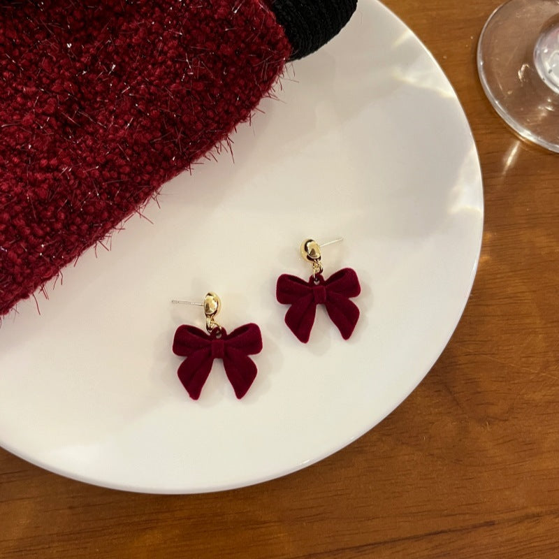 Wine Red Flocking Bow Stud Earrings Women's-Jewearrings