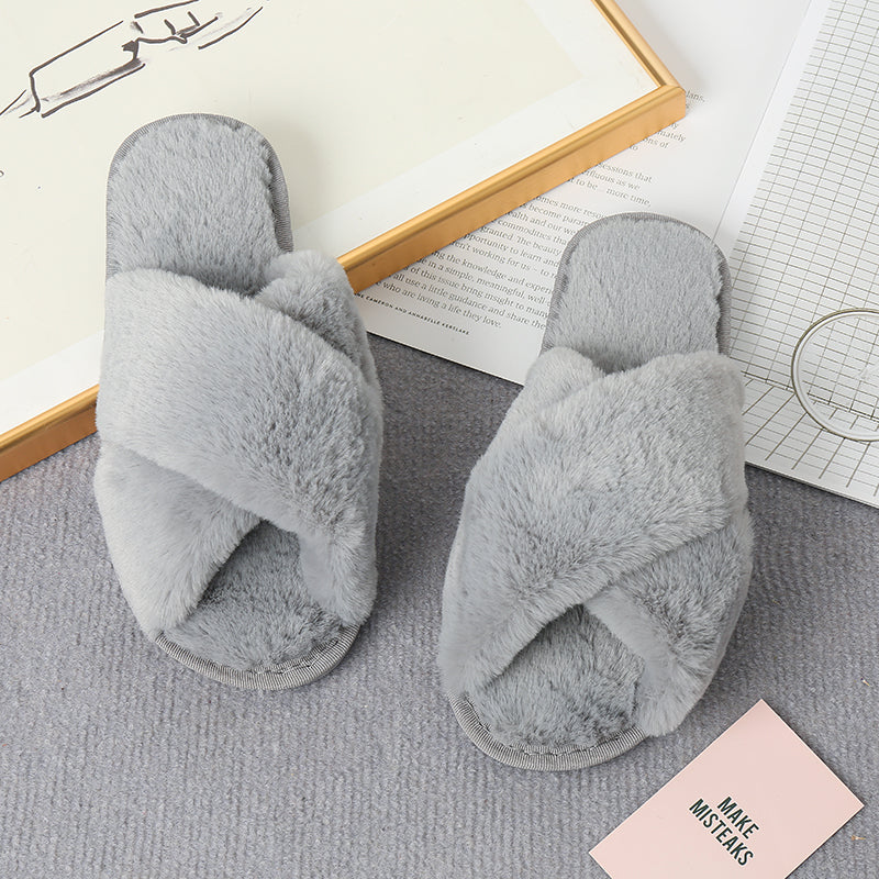 Faux Fur Crisscross Strap Slippers-Jewearrings