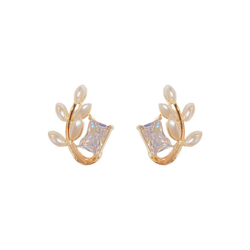 Zircon Pearl Leaf-shapepd Stud Earrings Graceful And Fashionable Earrings-Jewearrings