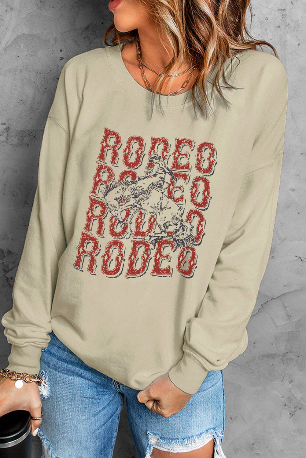 Round Neck Dropped Shoulder RODEO Graphic Sweatshirt-Jewearrings