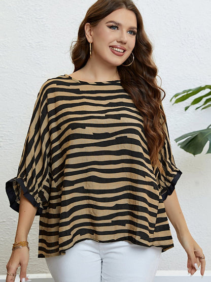 Plus Size Striped Three-Quarter Sleeve Boat Neck Top-Jewearrings