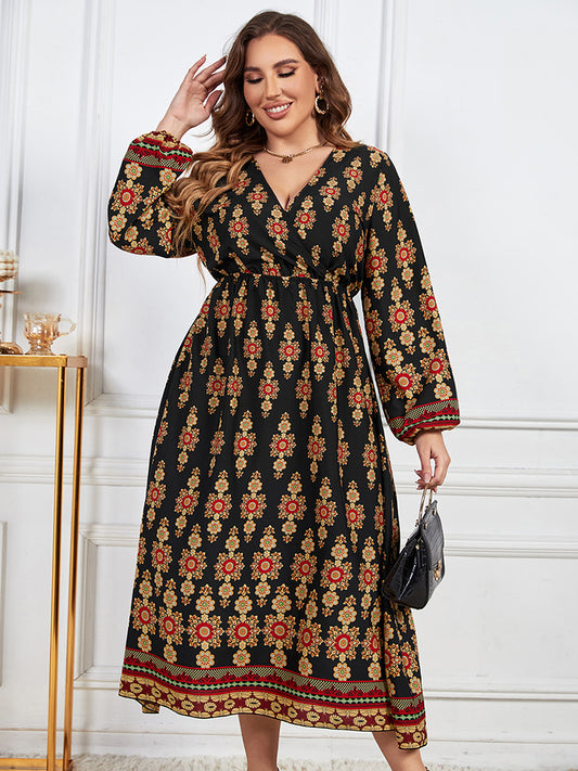 Plus Size Printed V-Neck Surplice Neck Dress-Jewearrings