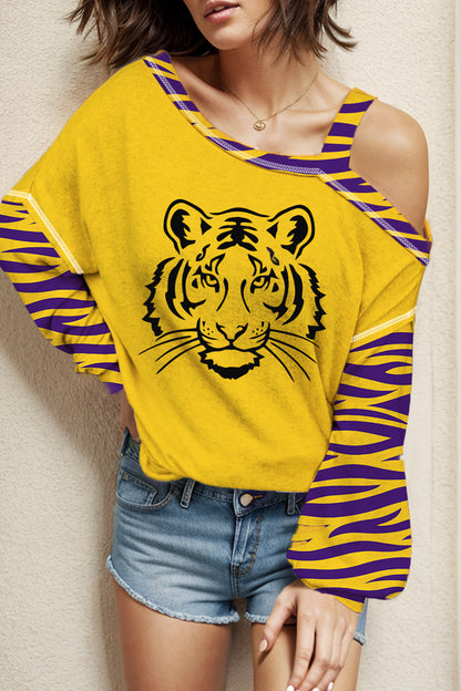 Tiger Graphic Asymmetrical Neck Long Sleeve T-Shirt-Jewearrings