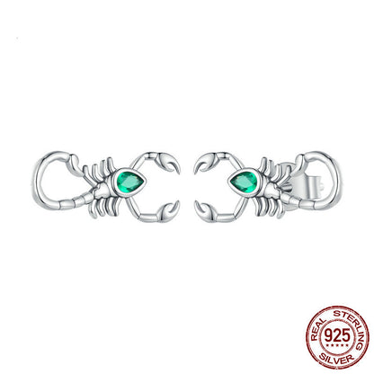 Green Zircon Scorpion Silver Stud Earrings Dark Black-Jewearrings