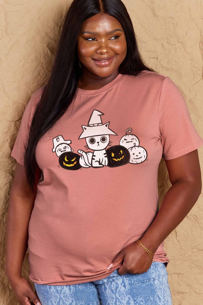 Simply Love Full Size Cat & Pumpkin Graphic Cotton T-Shirt-Jewearrings