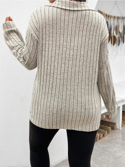 Plus Size Ribbed Johnny Collar Long Sleeve T-Shirt-Jewearrings