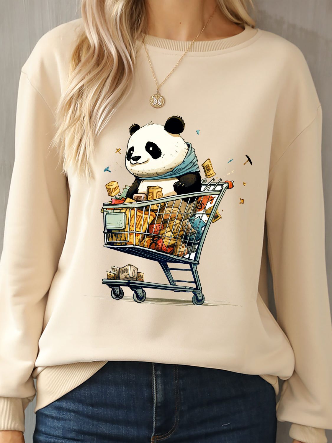 Panda Round Neck Dropped Shoulder Sweatshirt-Jewearrings