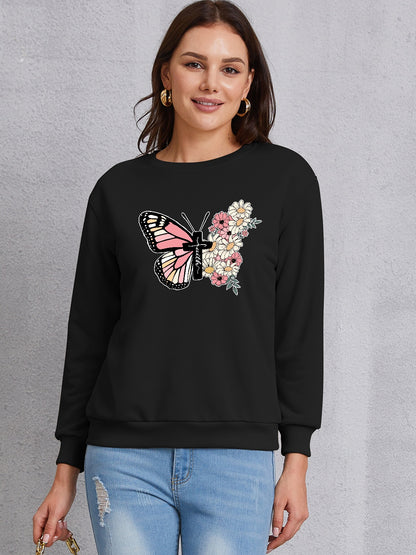 Butterfly Round Neck Dropped Shoulder Sweatshirt-Jewearrings