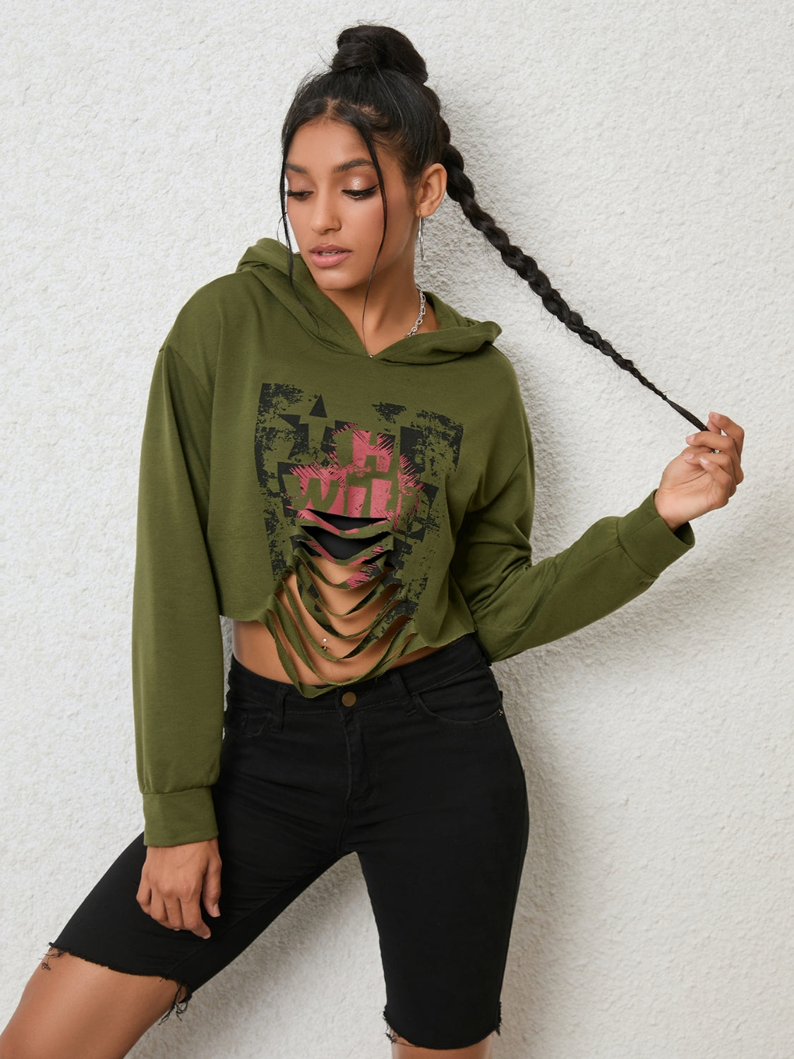 Cutout Long Sleeve Hoodie-Jewearrings