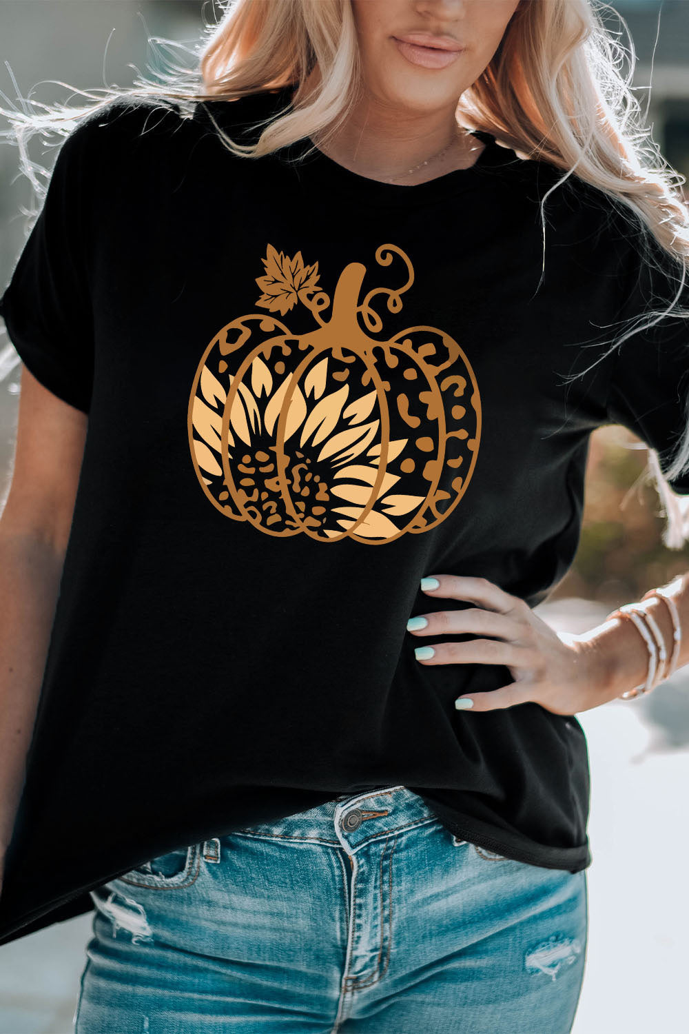 Round Neck Short Sleeve Pumpkin Graphic T-Shirt-Jewearrings