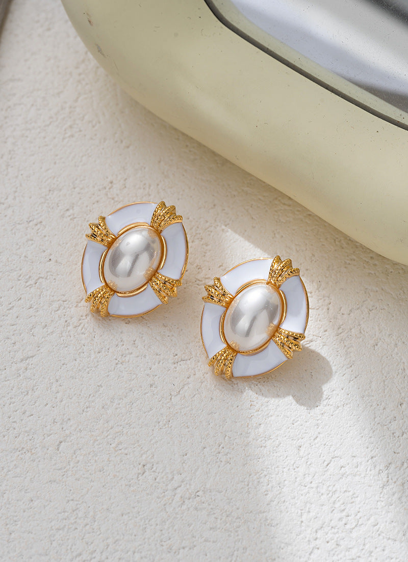 Temperament Entry Lux Enamel Dripping Vintage Pearl Earrings-Jewearrings