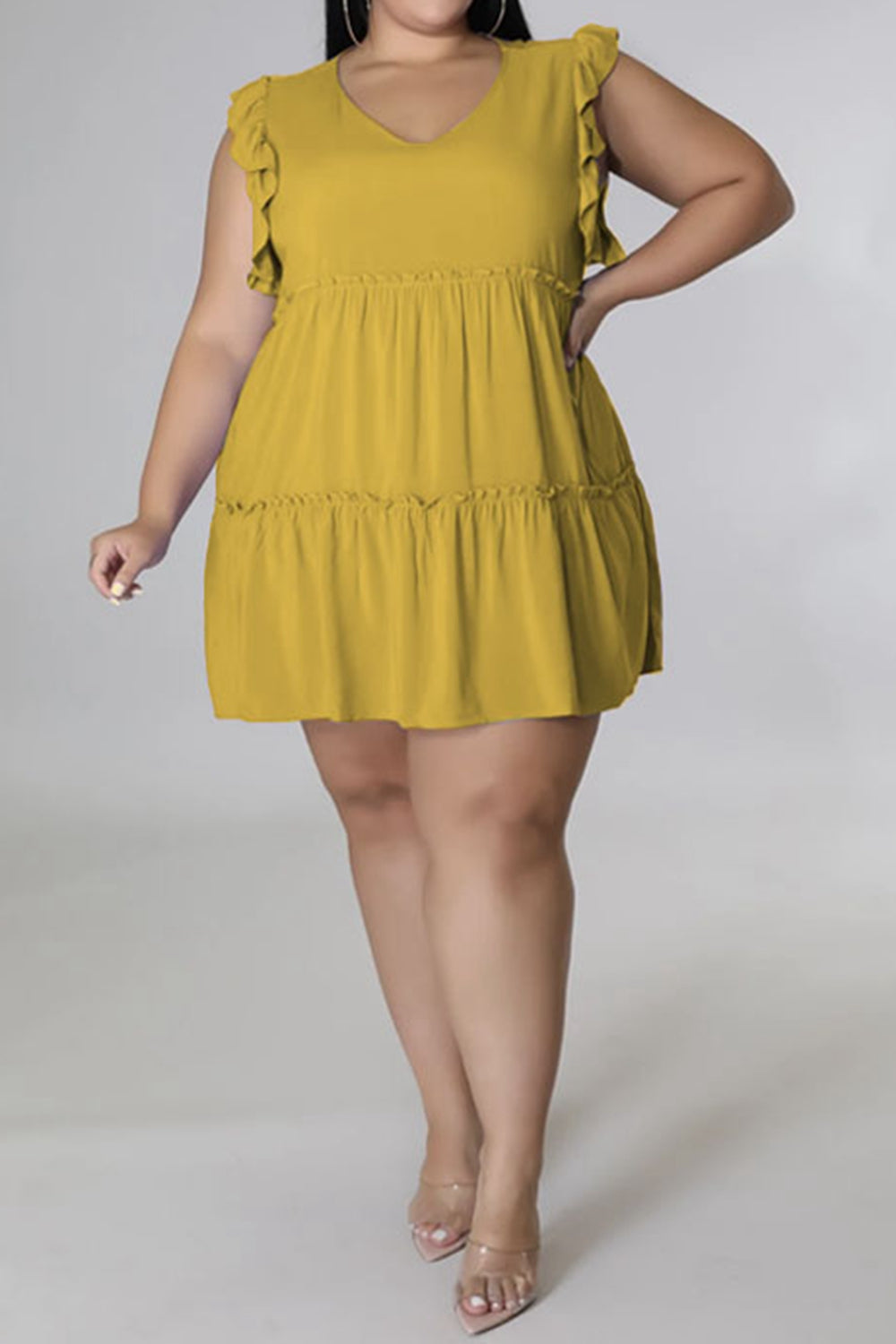 Plus Size V-Neck Frill Trim Mini Dress-Jewearrings