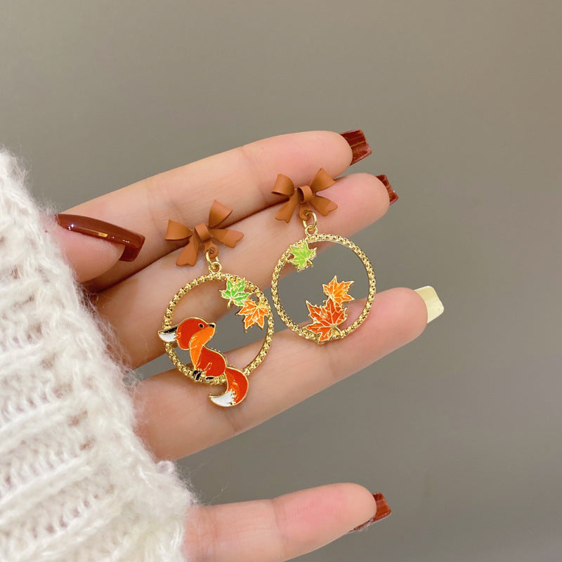 Cartoon Character Bow Little Fox Maple Leaf Earrings-Jewearrings