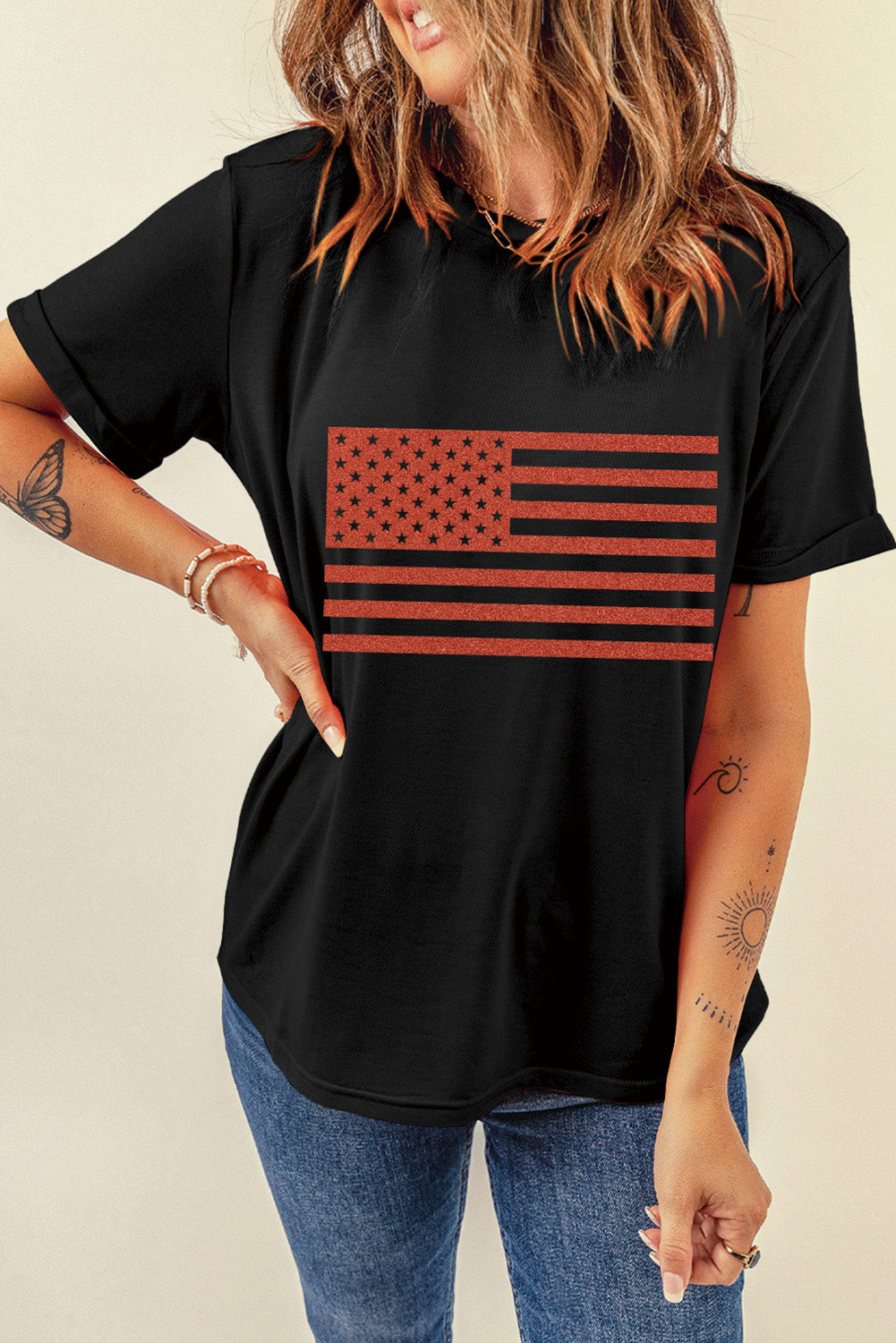 US Flag Round Neck Short Sleeve T-Shirt-Jewearrings