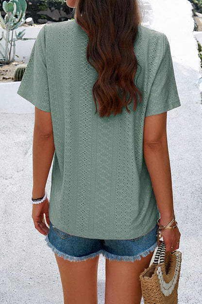 Eyelet Decorative Button V-Neck T-Shirt-Jewearrings