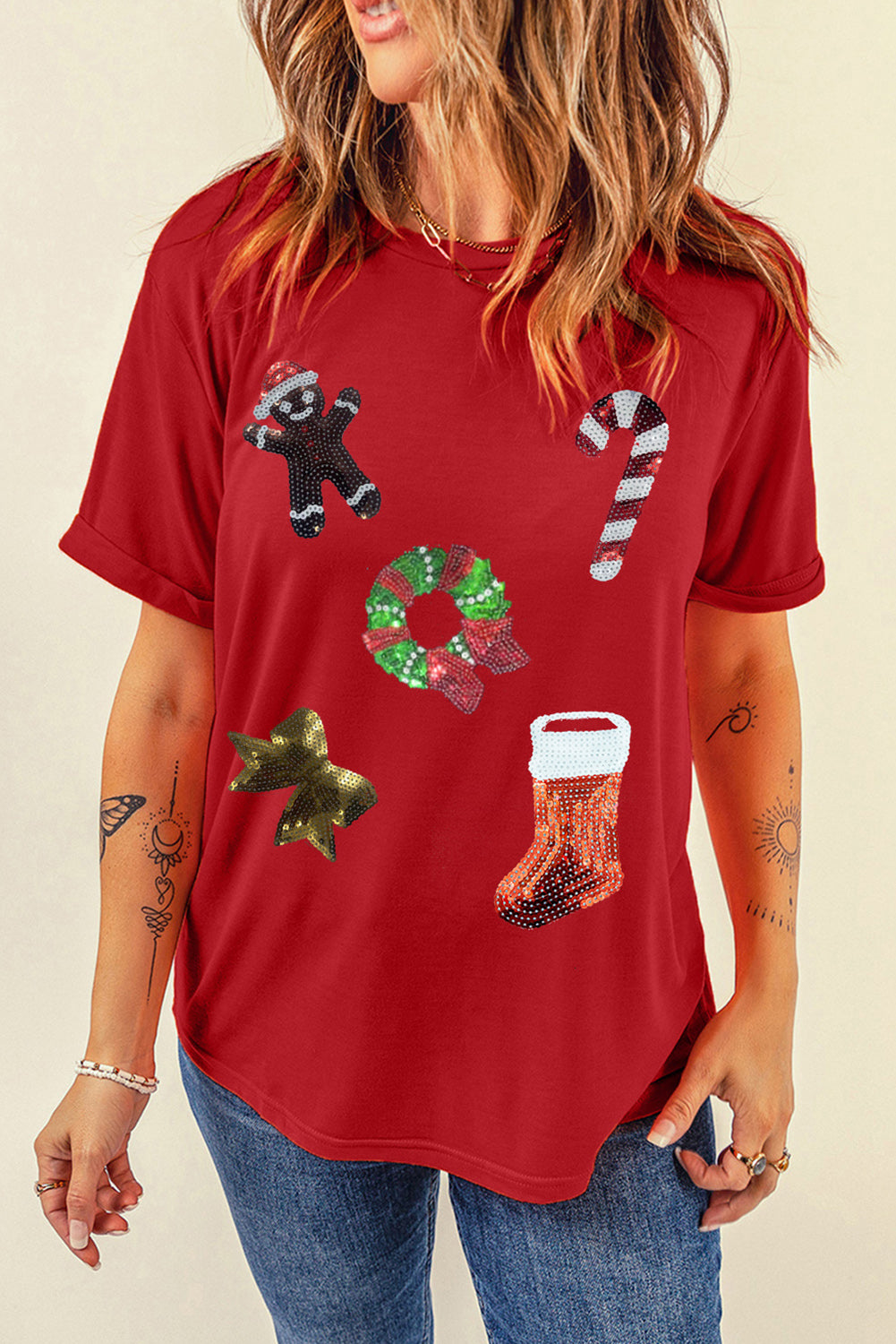 Sequin Christmas Element Short Sleeve T-Shirt-Jewearrings