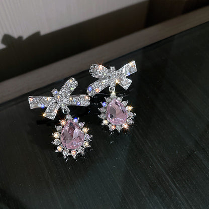 Needle Korean Design Crystal Zircon Bow Earrings-Jewearrings