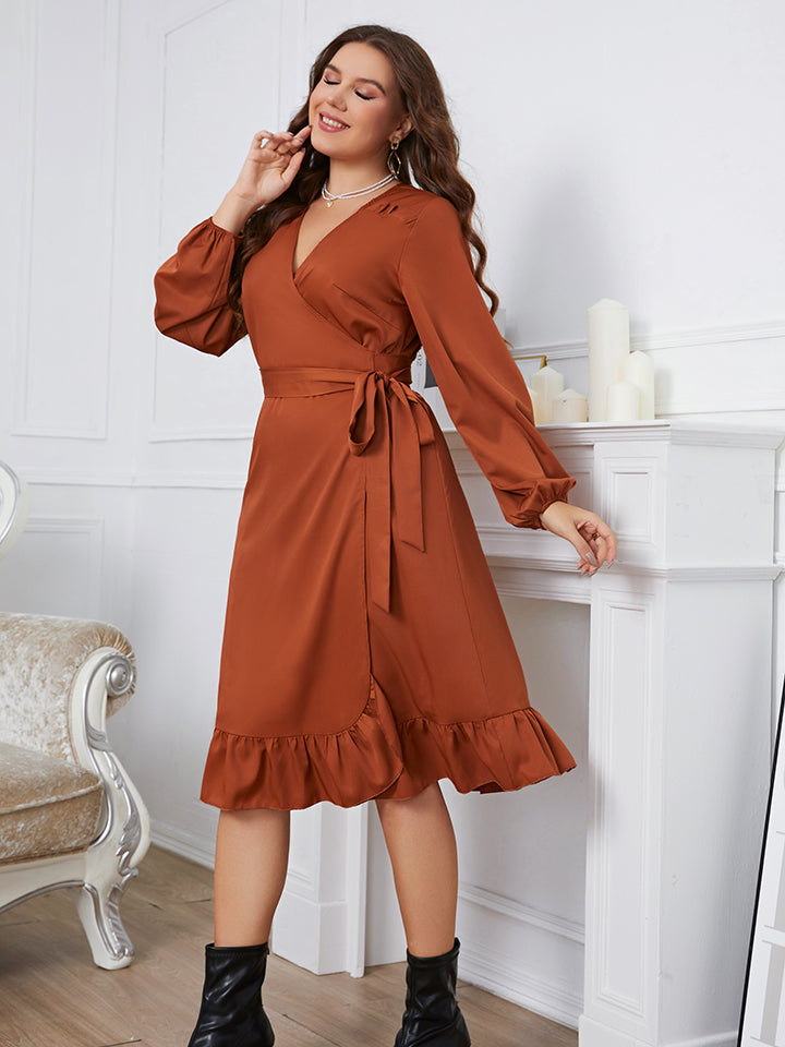 Plus Size Surplice Neck Tie Waist Dress-Jewearrings