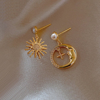 925 Earrings Female Silver Needle Korean Pearl Diamond Sun Moon Star Asymmetrical Earrings Portrait Earrings-Jewearrings