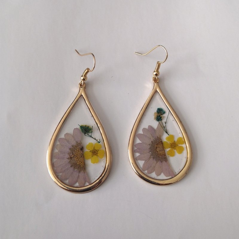 925 Silver Gold Foil Dried Flower Transparent Earrings-Jewearrings