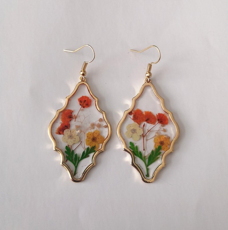 925 Silver Gold Foil Dried Flower Transparent Earrings-Jewearrings