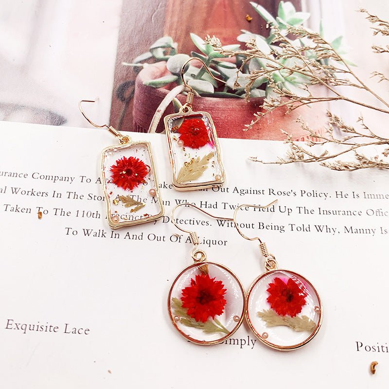 925 Silver Gold Foil Dried Flower Transparent Earrings-Jewearrings