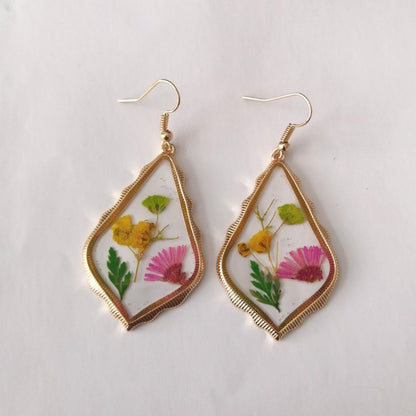 925 Silver Gold Foil Dried Flower Transparent Earrings-Jewearrings