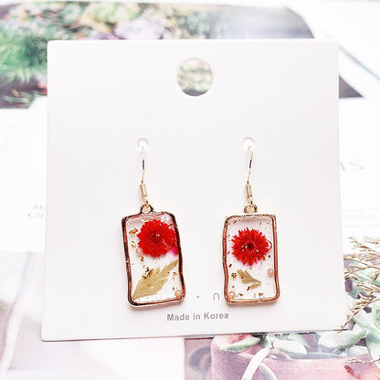 925 Silver Gold Foil Dried Flower Transparent Earrings-Jewearrings