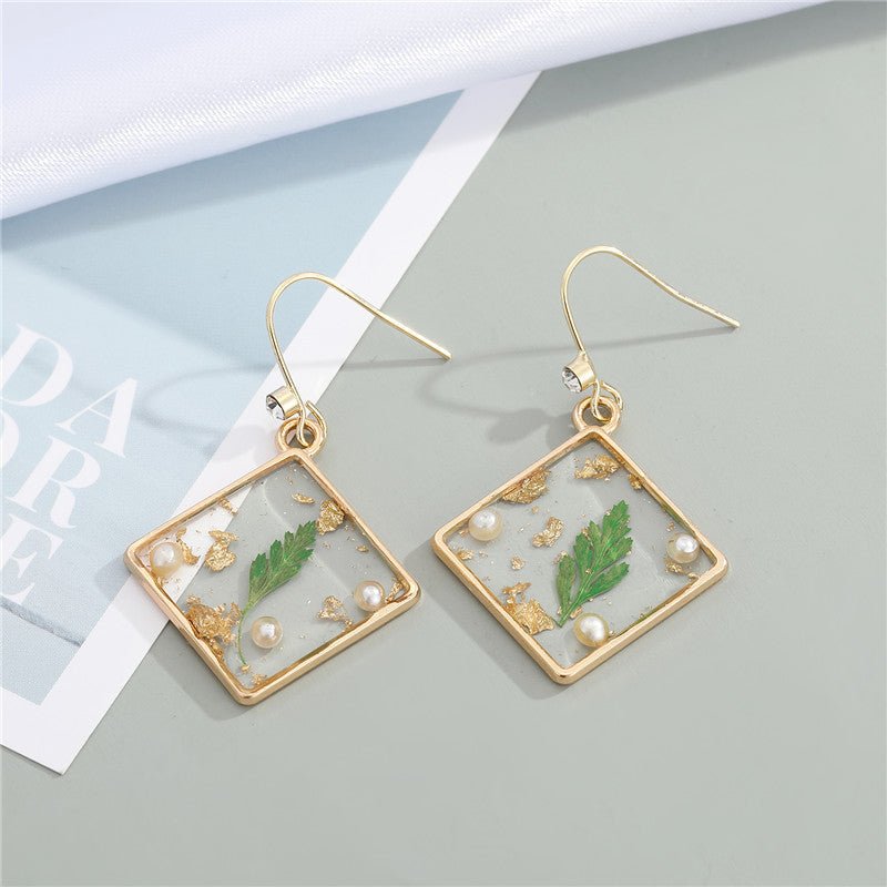 925 Silver Gold Foil Dried Flower Transparent Earrings-Jewearrings