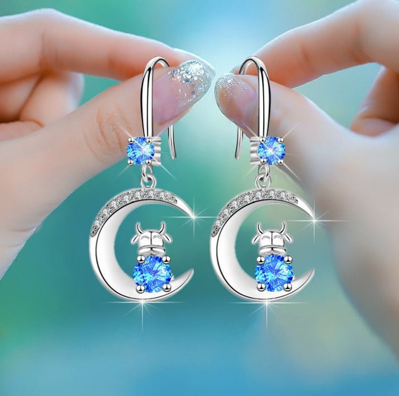 925 Silver Korean Women'S Diamond-Studded Zodiac Ox Mid-Length Earrings Personality Earrings Cross Border Explosion Earrings-Jewearrings