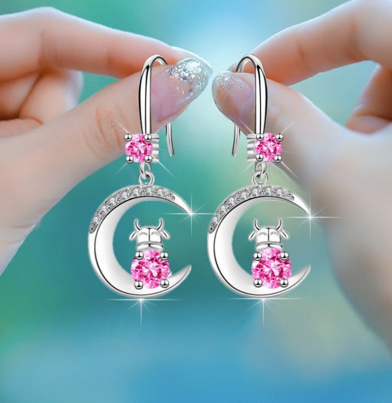 925 Silver Korean Women'S Diamond-Studded Zodiac Ox Mid-Length Earrings Personality Earrings Cross Border Explosion Earrings-Jewearrings