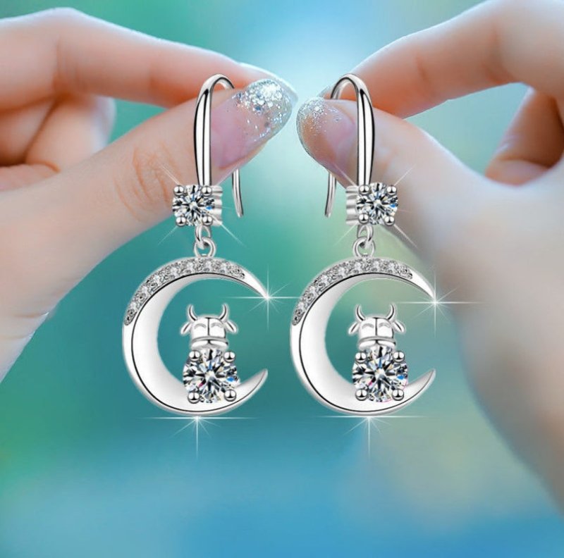 925 Silver Korean Women'S Diamond-Studded Zodiac Ox Mid-Length Earrings Personality Earrings Cross Border Explosion Earrings-Jewearrings