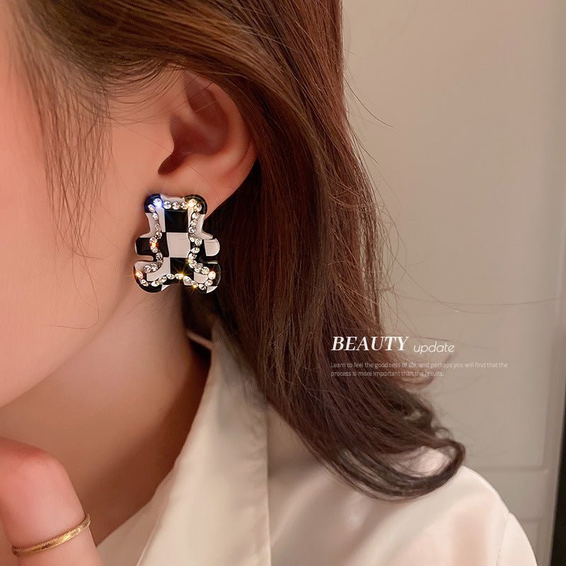 925 Silver Needle Acrylic Checkerboard Bear Earrings Female-Jewearrings