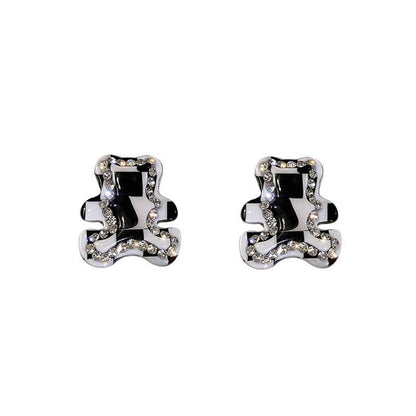 925 Silver Needle Acrylic Checkerboard Bear Earrings Female-Jewearrings