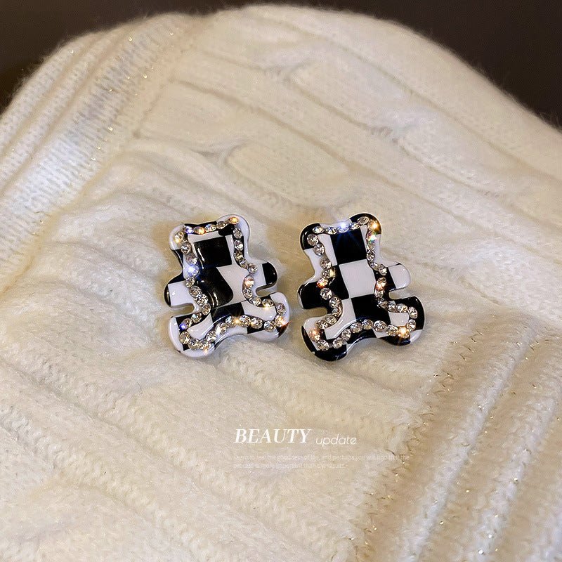 925 Silver Needle Acrylic Checkerboard Bear Earrings Female-Jewearrings