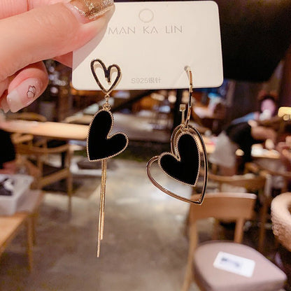 925 Silver Needle Asymmetric Hollow Heart Long Fringe Earrings-Jewearrings