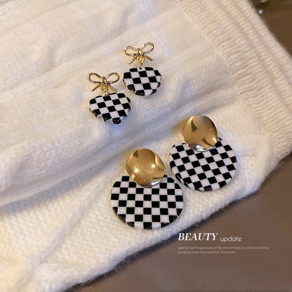 925 Silver Needle Checkerboard Acrylic Earrings-Jewearrings