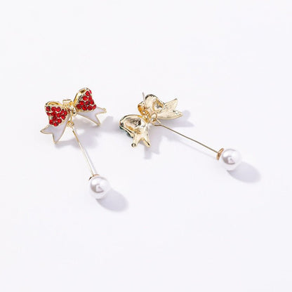 925 Silver Needle Christmas Inlay Diamond Bow Pearl Earrings-Jewearrings