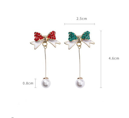 925 Silver Needle Christmas Inlay Diamond Bow Pearl Earrings-Jewearrings