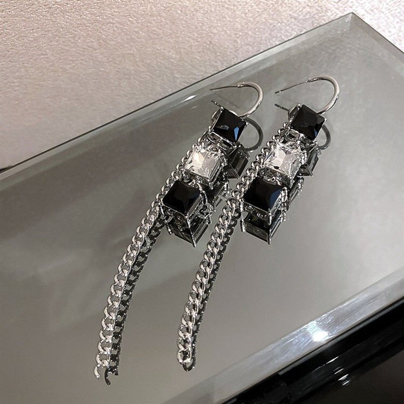 925 Silver Needle Crystal Chain Earrings European And American Long Tassel Temperament Earrings-Jewearrings