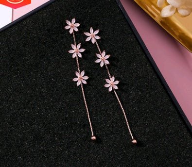 925 Silver Needle Crystal Cherry Petals Long Tassel Earrings Frosted Diamond Zircon Flower Earrings Female-Jewearrings