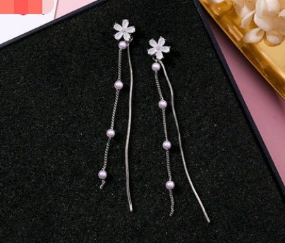 925 Silver Needle Crystal Cherry Petals Long Tassel Earrings Frosted Diamond Zircon Flower Earrings Female-Jewearrings