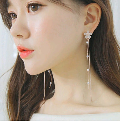 925 Silver Needle Crystal Cherry Petals Long Tassel Earrings Frosted Diamond Zircon Flower Earrings Female-Jewearrings