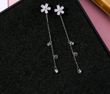 925 Silver Needle Crystal Cherry Petals Long Tassel Earrings Frosted Diamond Zircon Flower Earrings Female-Jewearrings