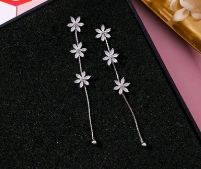 925 Silver Needle Crystal Cherry Petals Long Tassel Earrings Frosted Diamond Zircon Flower Earrings Female-Jewearrings