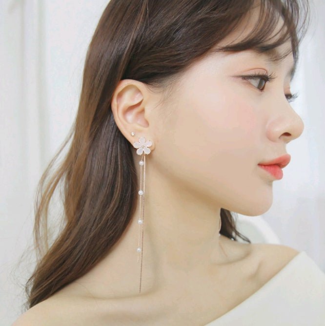 925 Silver Needle Crystal Cherry Petals Long Tassel Earrings Frosted Diamond Zircon Flower Earrings Female-Jewearrings