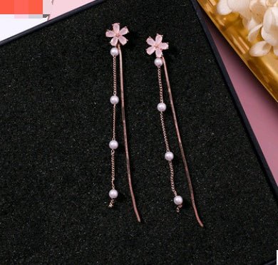 925 Silver Needle Crystal Cherry Petals Long Tassel Earrings Frosted Diamond Zircon Flower Earrings Female-Jewearrings