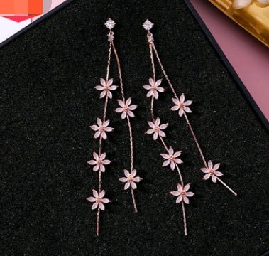 925 Silver Needle Crystal Cherry Petals Long Tassel Earrings Frosted Diamond Zircon Flower Earrings Female-Jewearrings