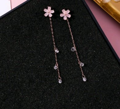 925 Silver Needle Crystal Cherry Petals Long Tassel Earrings Frosted Diamond Zircon Flower Earrings Female-Jewearrings