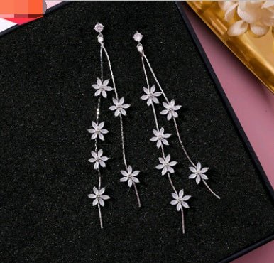 925 Silver Needle Crystal Cherry Petals Long Tassel Earrings Frosted Diamond Zircon Flower Earrings Female-Jewearrings